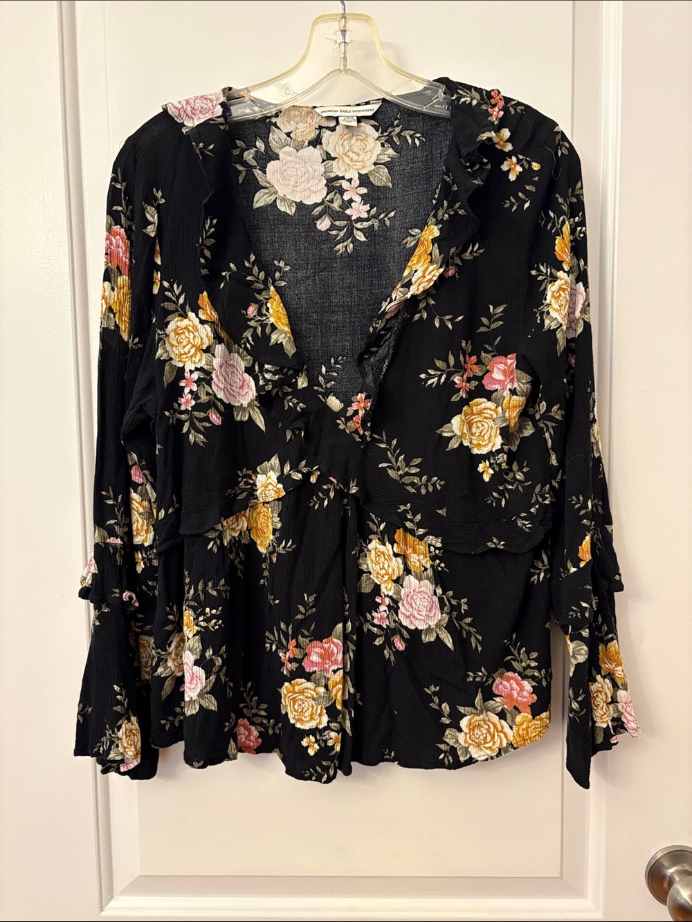 American Eagle Outfitters Black Floral Ruffle V-Neck Blouse